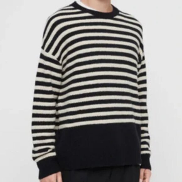 All Saints Keet Crew Sweater - Breton Stripe in Naval Blue and White